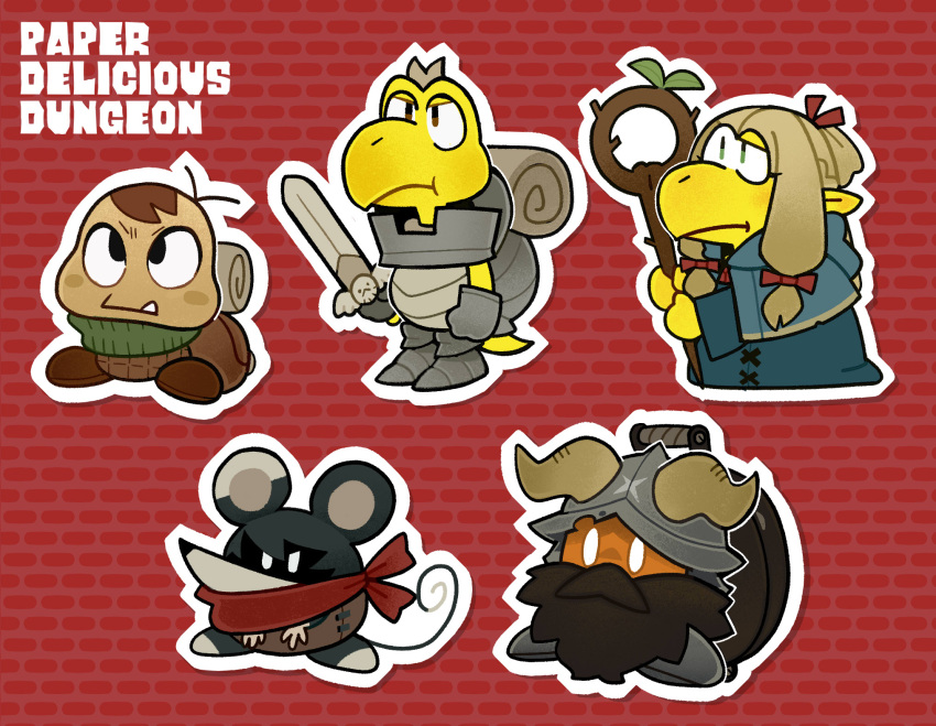 2girls, 3boys, animal_ears, armor, backpack, bag, blonde_hair, blue_capelet, blue_robe, bob-omb, brown_hair, capelet, copyright_name, crossover, dungeon_meshi, facial_hair, fake_horns, fang, goomba, hair_ribbon, helmet, highres, holding, holding_staff, holding_sword, holding_weapon, horned_helmet, horns, izutsumi, koopa_troopa, laios_touden, marcille_donato, mario, mouse_girl, multiple_boys, multiple_girls, no_humans, outline, paper_mario, paper_mario:_the_thousand_year_door, red_background, red_ribbon, red_scarf, ribbon, robe, scarf, senshi_(dungeon_meshi), shioinu_kemushi, staff, super_mario_bros., sword, tail, weapon, white_outline