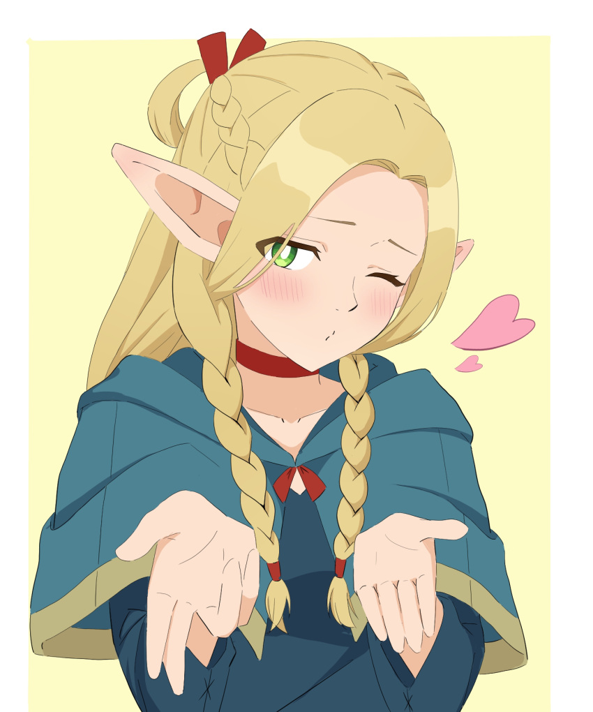 1girl, blonde_hair, blowing_kiss, blue_capelet, blue_robe, blush, border, braid, bucho1182, capelet, choker, closed_mouth, commentary_request, dungeon_meshi, elf, green_eyes, heart, highres, hood, hood_down, hooded_capelet, looking_at_viewer, marcille_donato, one_eye_closed, outside_border, pointy_ears, red_choker, robe, solo, upper_body, white_border, yellow_background