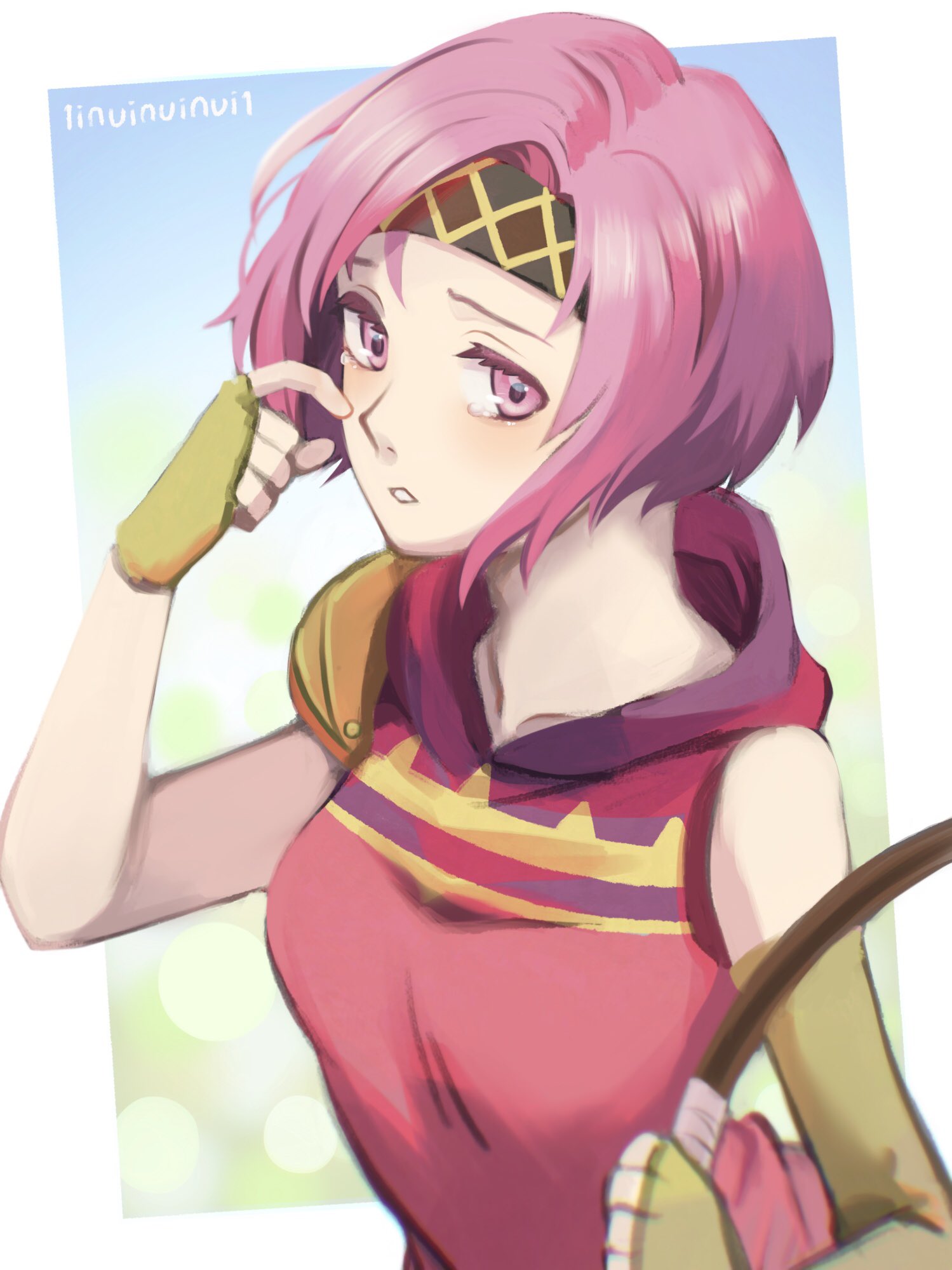 1girl, 1inuinuinui1, asymmetrical_gloves, bare_shoulders, bow_(weapon), breasts, fingerless_gloves, fire_emblem, fire_emblem:_the_sacred_stones, gloves, headband, highres, holding, holding_bow_(weapon), holding_weapon, looking_at_viewer, medium_breasts, neimi_(fire_emblem), pink_eyes, pink_hair, short_hair, weapon