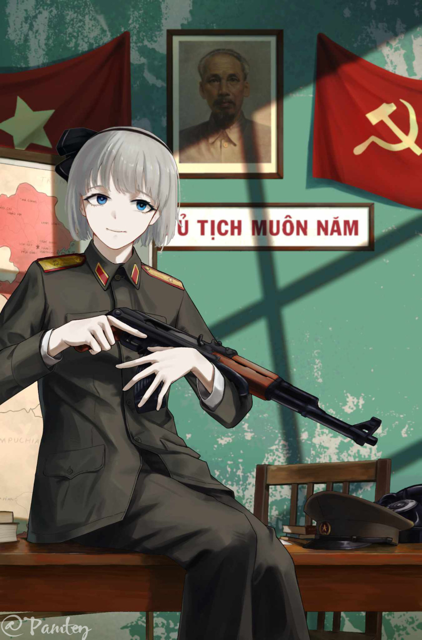 communist_flag, gun, highres, ho_chi_minh, holding, holding_gun, holding_weapon, konpaku_youmu