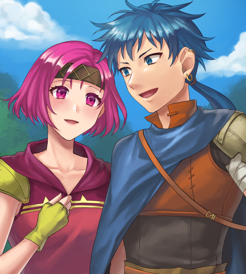 1boy, 1girl, absurdres, blue_eyes, blue_hair, clouds, colm_(fire_emblem), commission, earrings, fingerless_gloves, fire_emblem, fire_emblem:_the_sacred_stones, gloves, hazuki_(nyorosuke), highres, jewelry, medium_hair, neimi_(fire_emblem), outdoors, pink_eyes, pink_hair, skeb_commission, upper_body, yellow_gloves