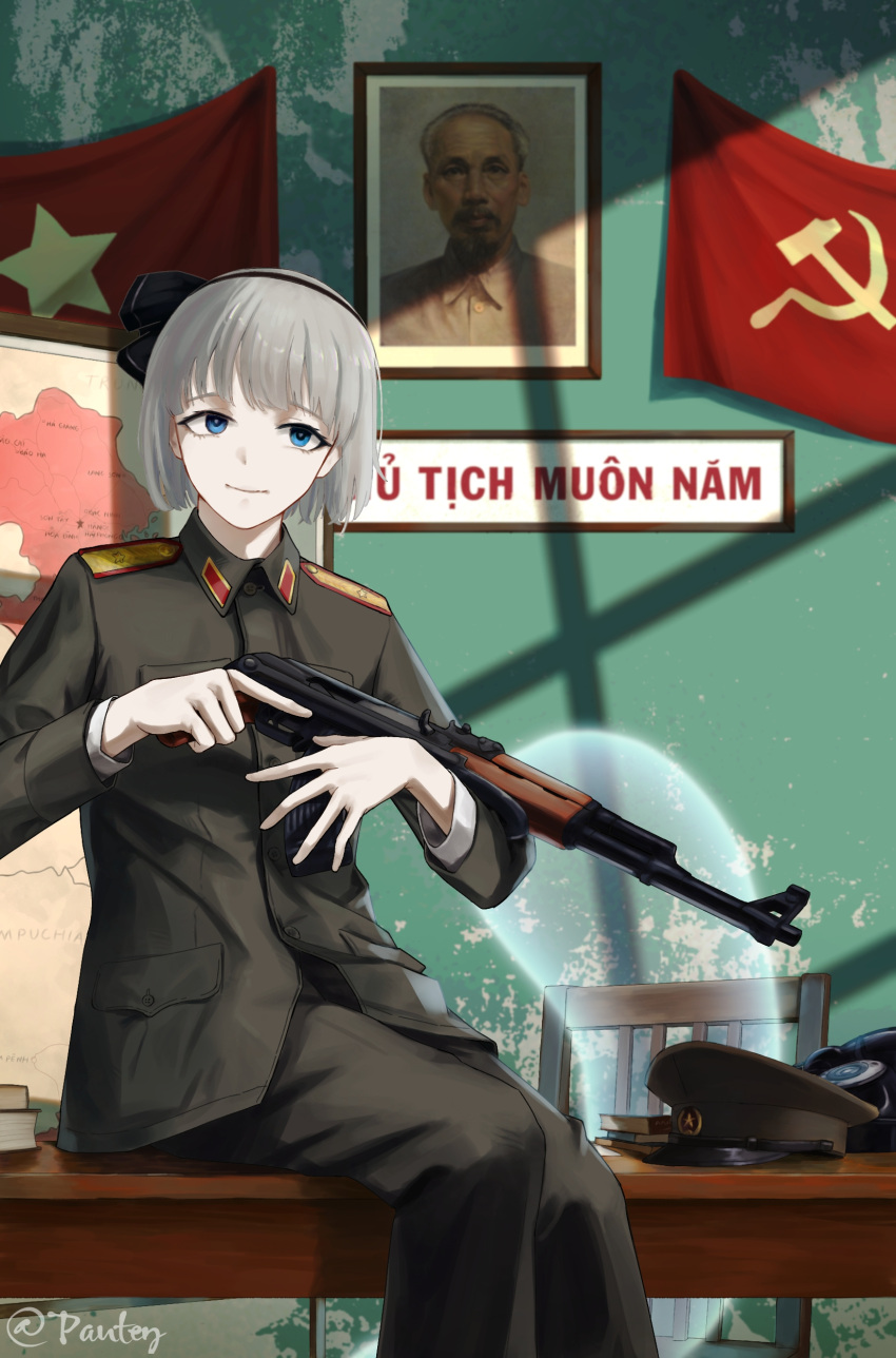 absurdres, communist_flag, gun, highres, ho_chi_minh, holding, holding_gun, holding_weapon, konpaku_youmu, konpaku_youmu_(ghost), military_uniform, touhou, uniform, vietnam_war, vietnamese_flag, weapon