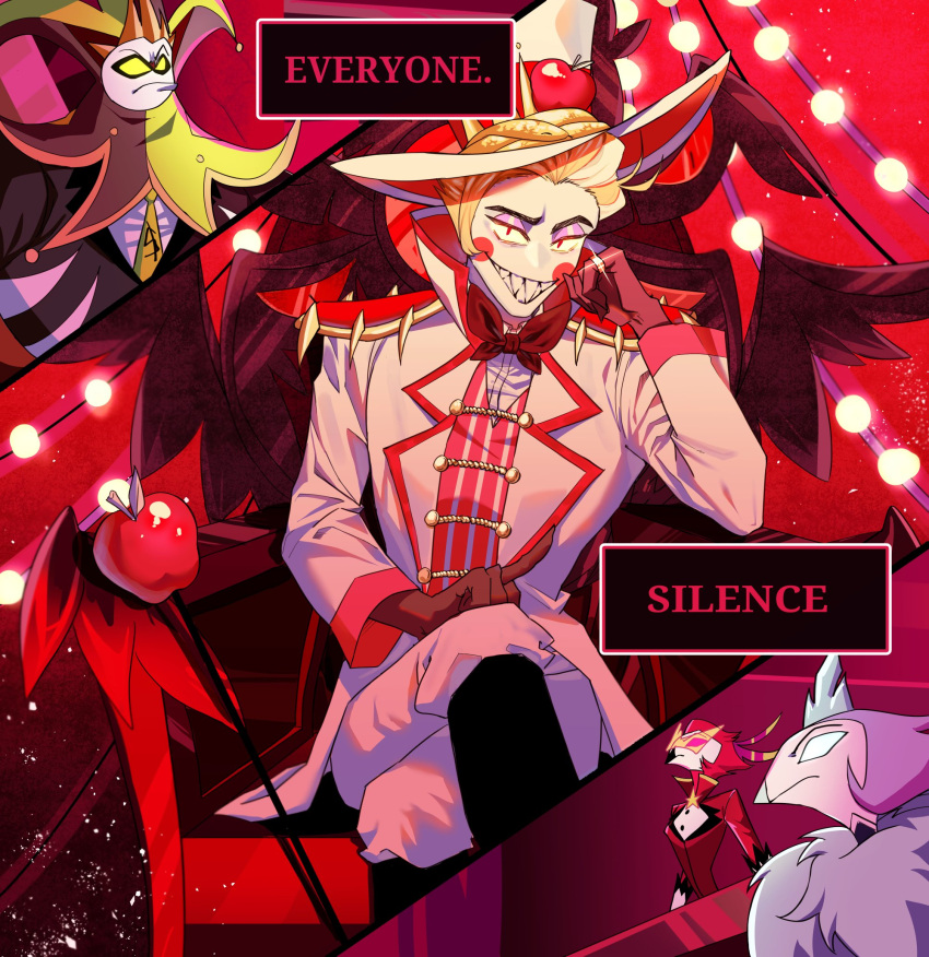 4boys, andrealphus_(helluva_boss), arm_support, black_footwear, blue_sclera, colored_sclera, demon_boy, formal