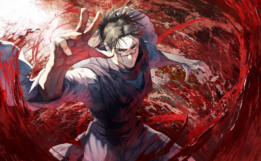 1boy, akigiri_pp, black_hair, black_vest, blood, choso_(jujutsu_kaisen), closed_mouth, cowboy_shot, double_bun, eye_tattoo, facial_tattoo, fighting_stance, hair_bun, highres, jujutsu_kaisen, long_sleeves, looking_at_viewer, male_focus, red_background, robe, short_hair, solo, tattoo, two-tone_background, v-shaped_eyebrows, vest, white_background, white_robe