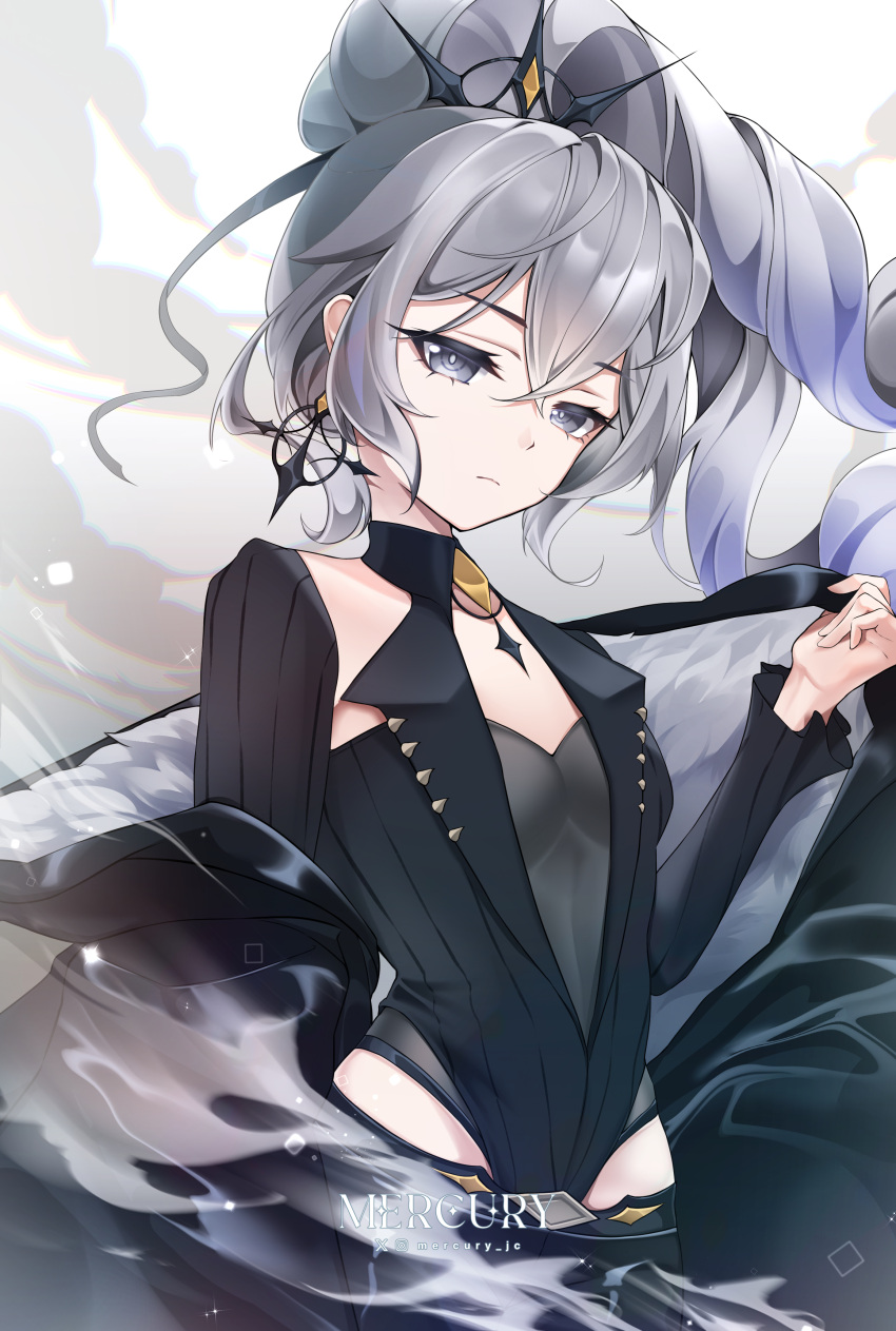 1girl, absurdres, artist_name, benghuai_xueyuan, black_jacket, black_leotard, black_pants, black_sleeves