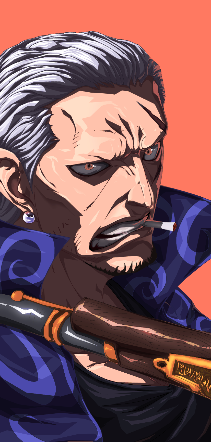 1boy, benn_beckman, cigarette, commentary, earrings, english_commentary, facial_hair, grey_hair