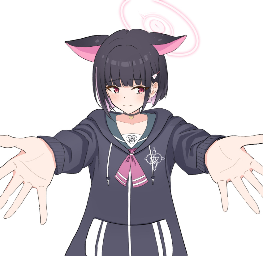 1girl, absurdres, animal_ears, averting_eyes, black_hair, black_hood, blue_archive, bucho1182