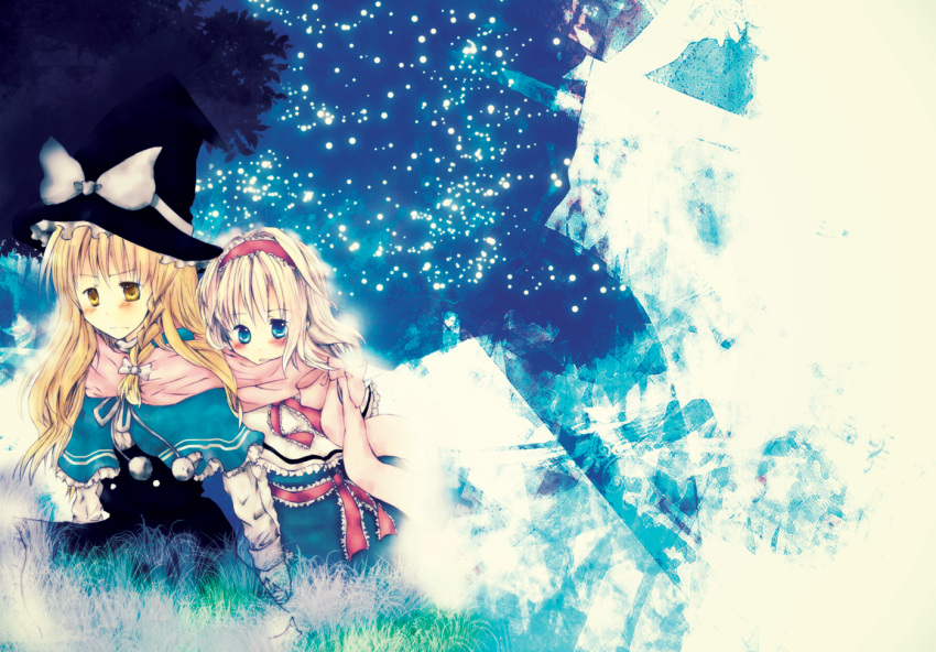 alice_margatroid, blonde_hair, blue_eyes, braid, capelet, hairband, hat, hisame_(yumemaboroshi), kirisame_marisa, long_hair, multiple_girls, scarf, shared_scarf, sizuku828, touhou, witch_hat, yellow_eyes
