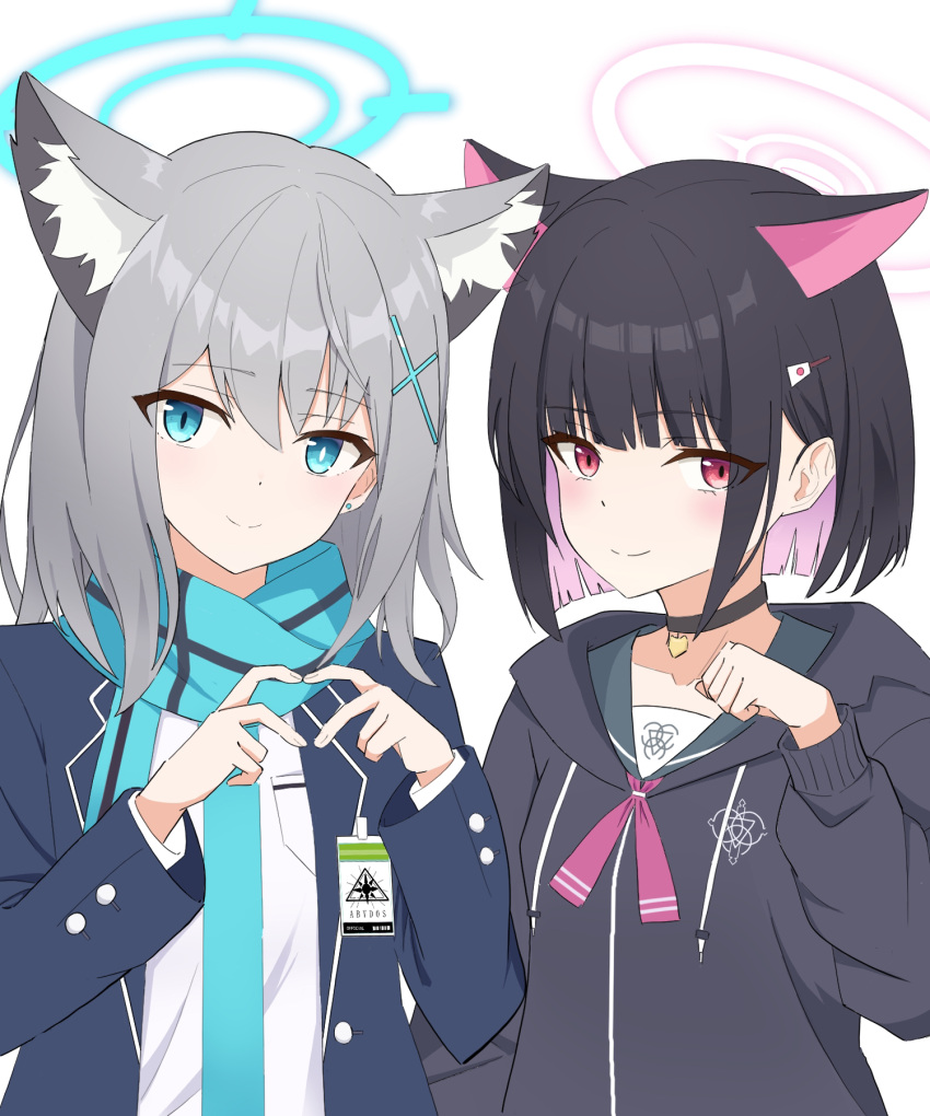 2girls, animal_ears, black_choker, black_hair, black_sweater, blue_eyes, blue_halo, blue_jacket