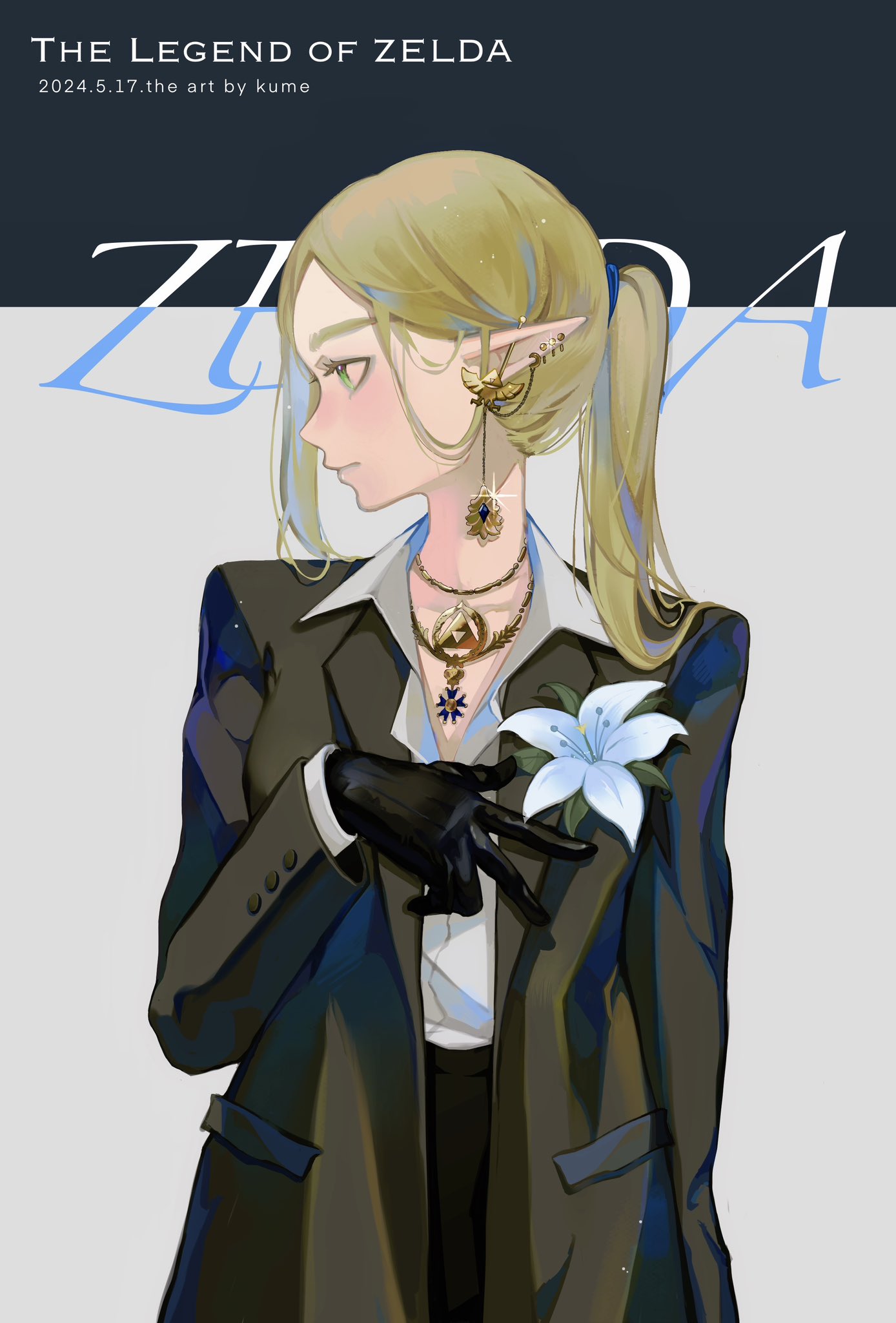1girl, alternate_costume, alternate_hairstyle, black_gloves, black_jacket, blonde_hair, character_name, copyright_name