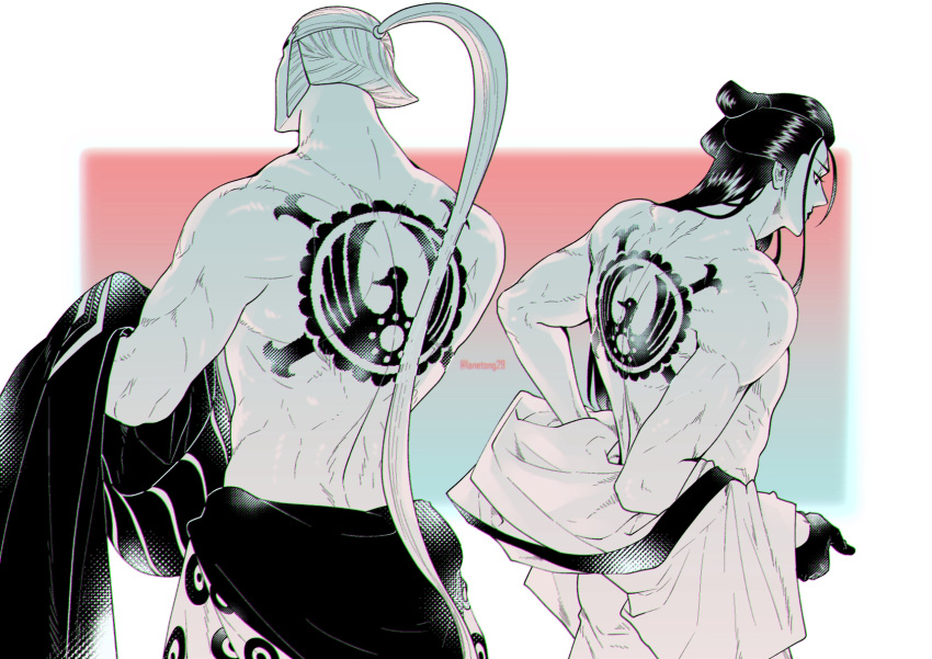 2boys, artist_name, back, back_tattoo, black_gloves, black_hair, closed_mouth, commentary_request