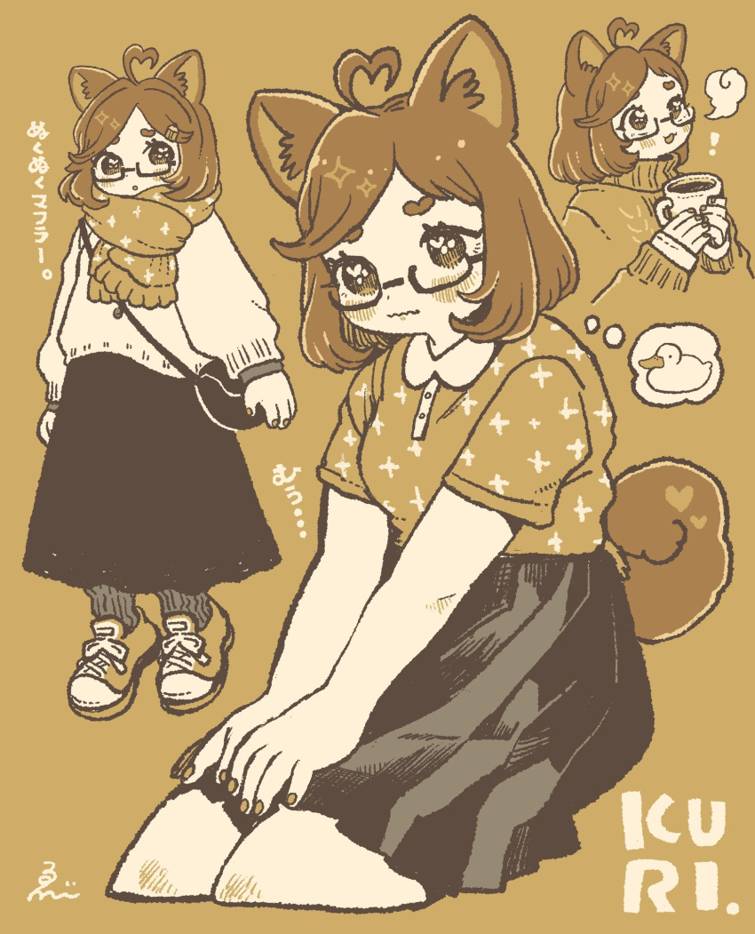 !, 1girl, ahoge, animal_ears, brown_background, cropped_legs, dog_ears, dog_girl, dog_tail, ebiebi, heart, heart_ahoge, highres, looking_at_viewer, multiple_views, nail_polish, open_mouth, original, print_shirt, scarf, shirt, shoes, short_hair, signature, skirt, sneakers, socks, spoken_animal, sweater, tail, thought_bubble, wavy_mouth