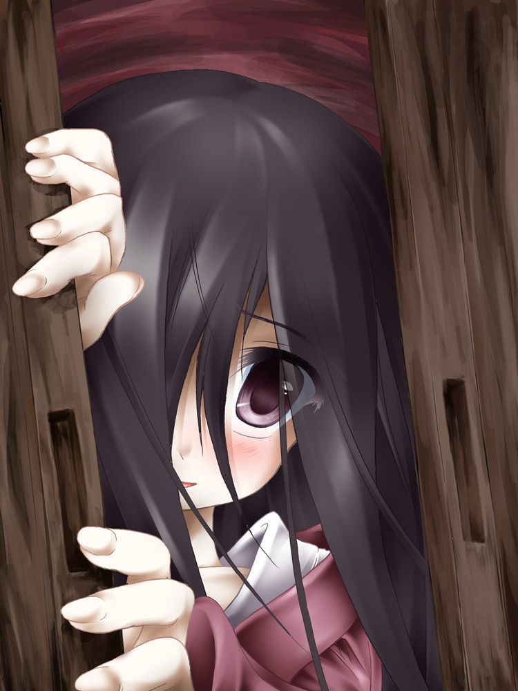 blush, hair_over_one_eye, hikikomori, komori_kiri, long_hair, original, peeking_out, sasasa_(nashi)