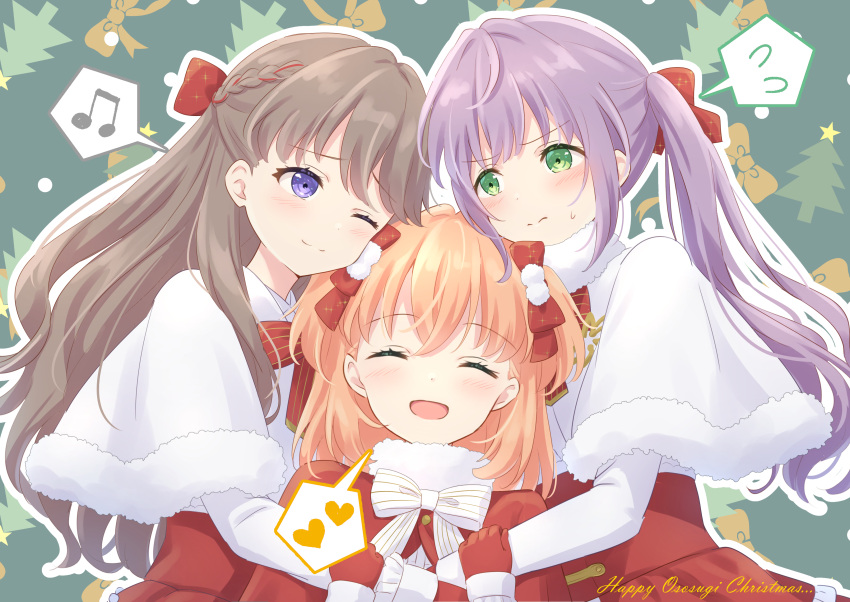 3girls, ;3, ^_^, absurdres, beamed_eighth_notes, blush, bow, brown_hair