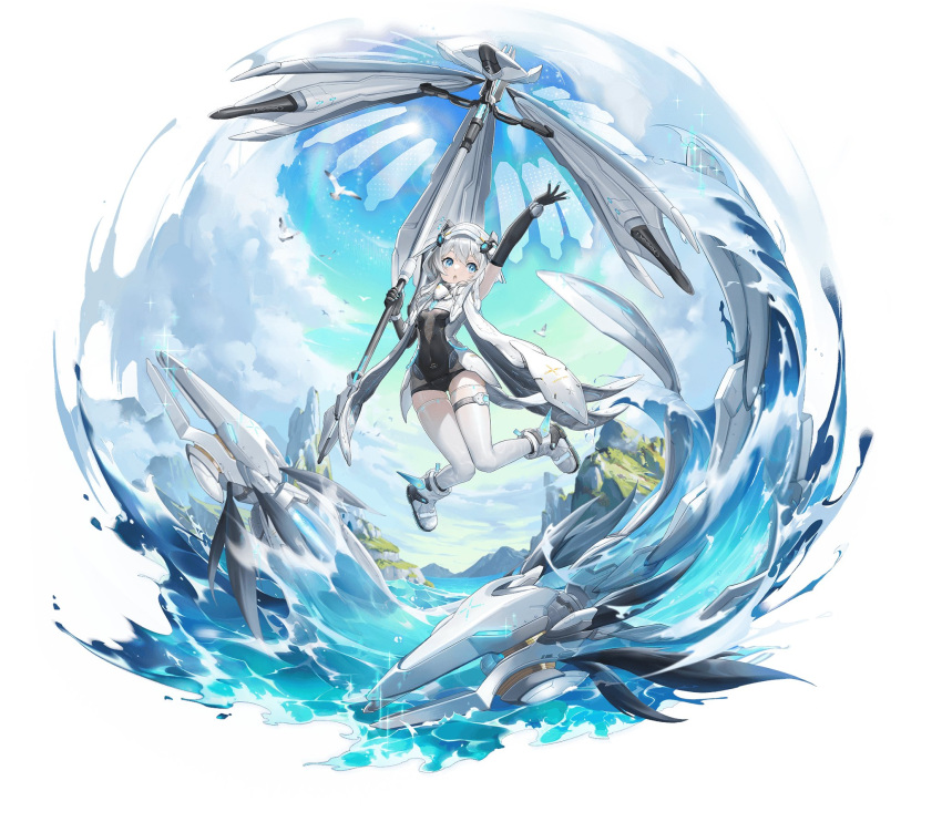 1girl, :o, above_clouds, aether_gazer, bird, black_leotard, blue_eyes, bodysuit
