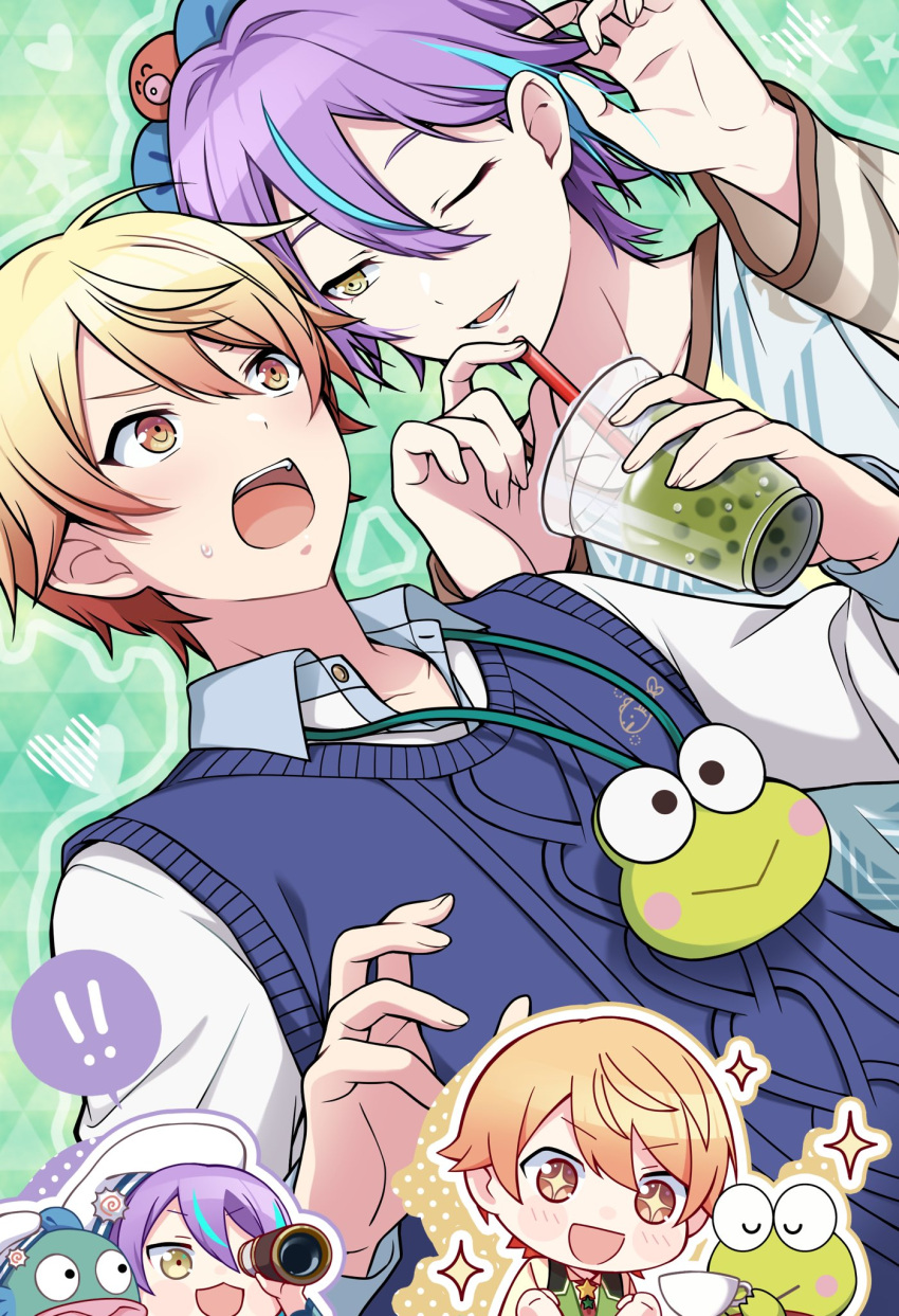 +_+, 2boys, :>, :d, animal_bag, aqua_hair, beret, blue_sweater_vest