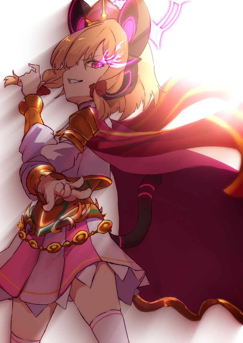 1girl, animal_ear_headphones, animal_ears, armor, blonde_hair, blue_archive, bow, cape