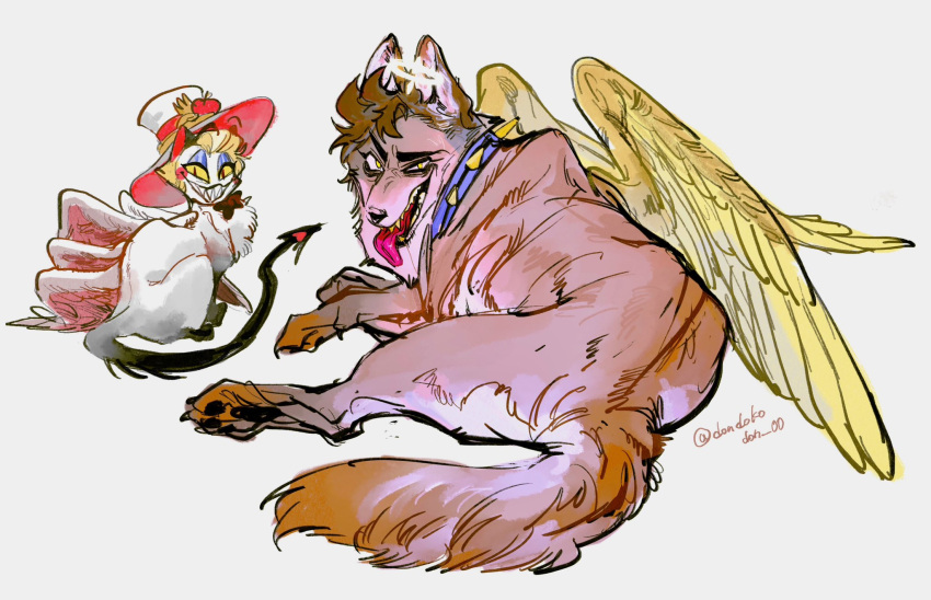 2boys, adam_(hazbin_hotel), angel, angel_wings, animalization, blonde_hair, cat, demon_boy