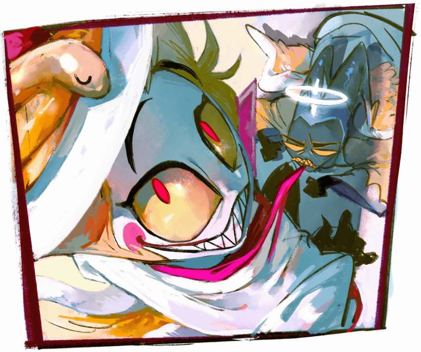 2boys, adam_(hazbin_hotel), angel, angel_wings, blonde_hair, demon_boy, dondoko_00, formal