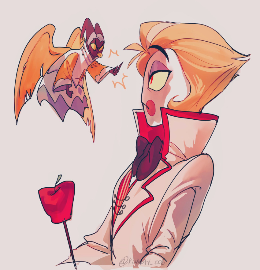 2boys, adam_(hazbin_hotel), angel, angel_wings, apple, blonde_hair, demon_boy, dondoko_00