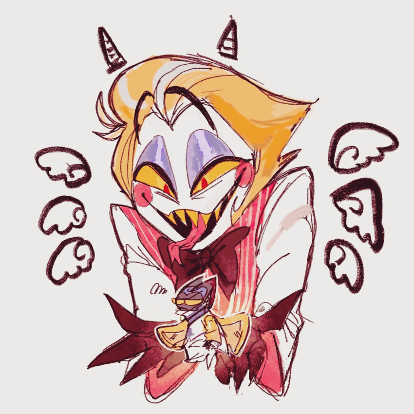 2boys, adam_(hazbin_hotel), angel, angel_wings, blonde_hair, demon_boy, dondoko_00, formal