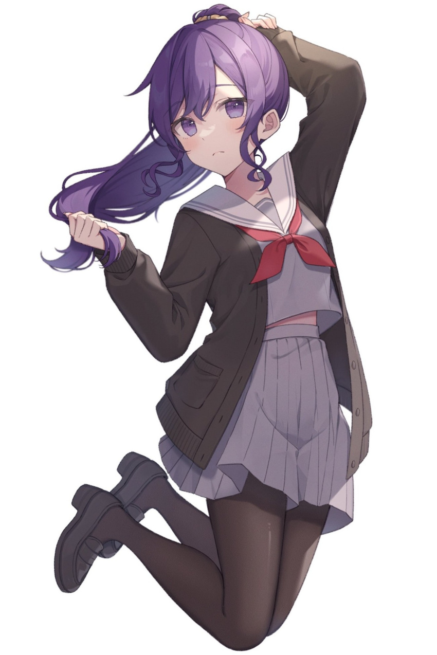 1girl, 25-ji_nightcord_de._(project_sekai), amai_melo, arm_up, asahina_mafuyu, black_cardigan, black_footwear, black_pantyhose