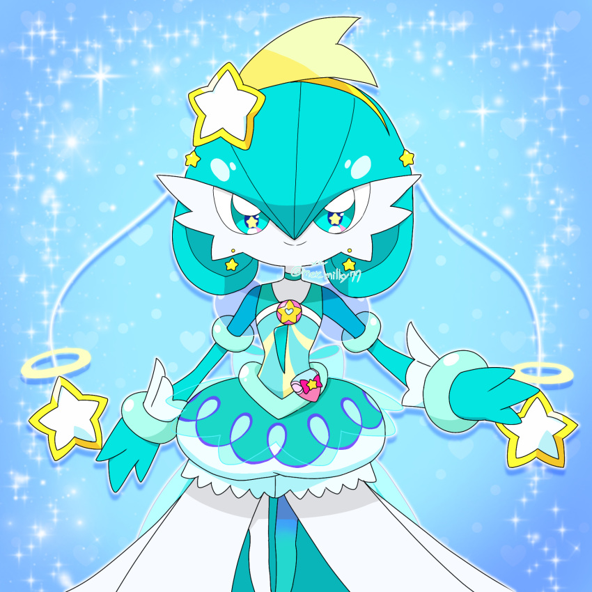 1girl, alternate_color, alternate_shiny_pokemon, blue_background, blue_choker, blue_dress, blue_eyes, blue_gloves