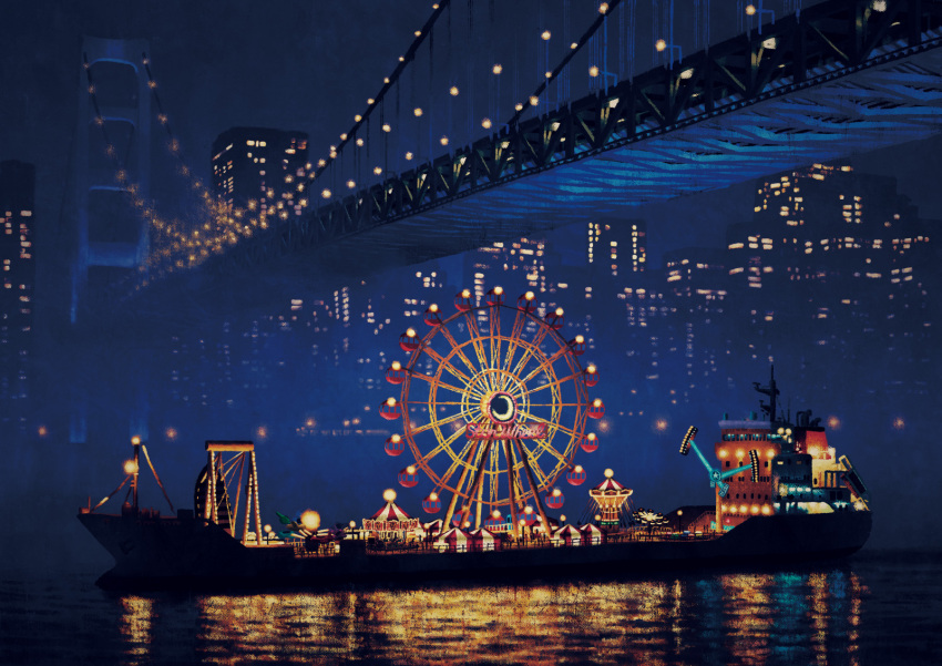 amusement_park, boat, canal, carousel, city_lights, commentary_request, ferris_wheel, highres