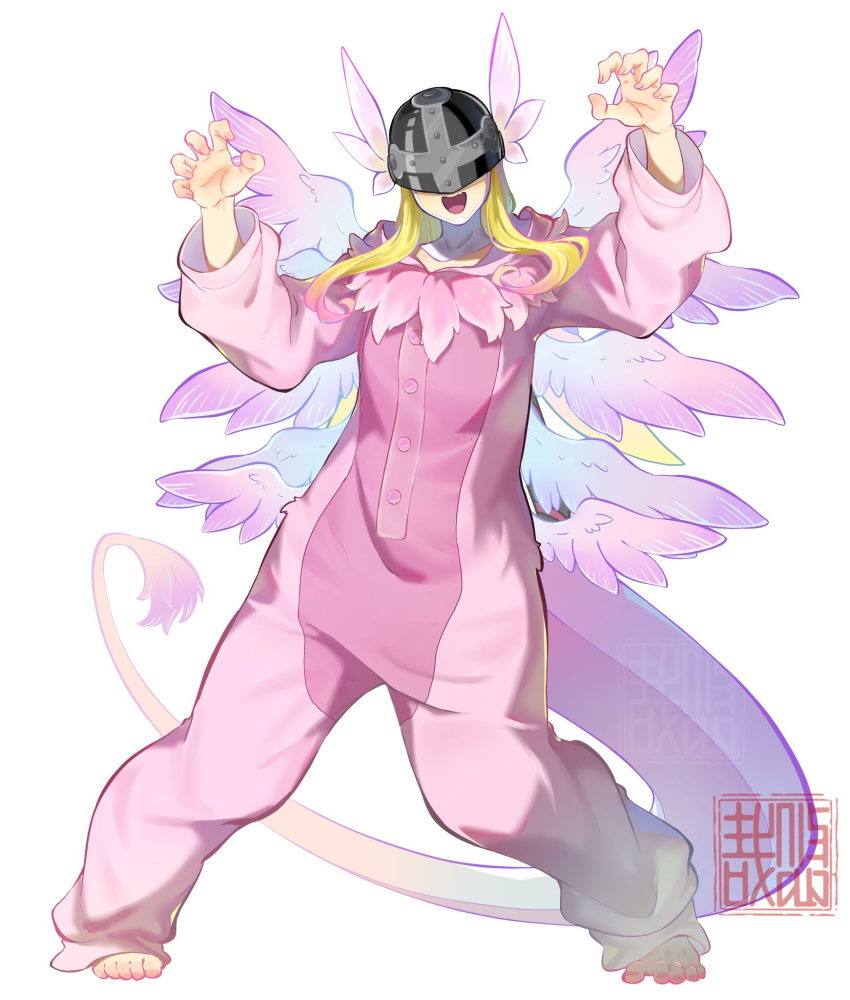 angewomon, blonde_hair, claw_pose, cosplay, covered_eyes, digimon, digimon_(creature), fang