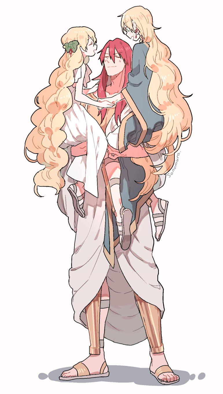 blonde_hair, blue_eyes, blush, braid, carrying, carrying_person, child_carry, closed_eyes