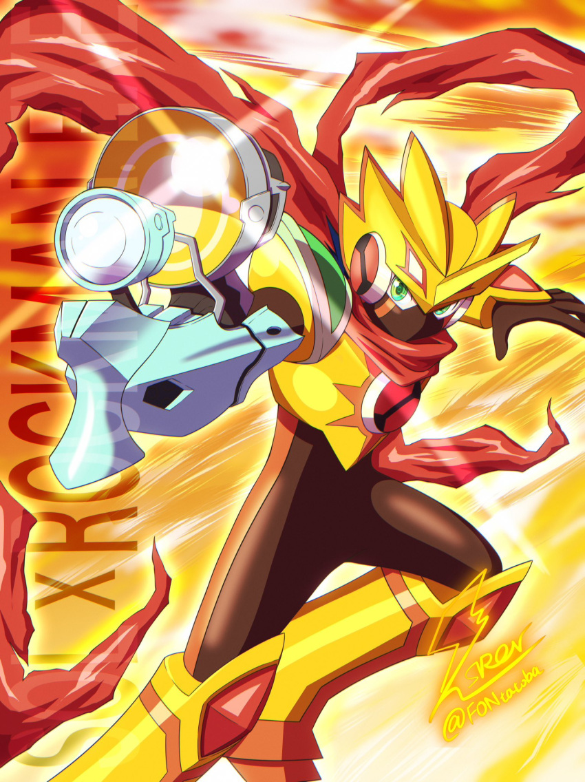 1boy, arm_cannon, armor, bodysuit, bokura_no_taiyou, brown_bodysuit, fontatoba, foot_out_of_frame