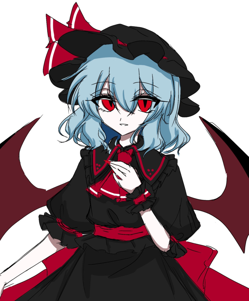 1girl, alternate_costume, ascot, bat_wings, black_dress, black_hat, blue_hair, bow, dress, fingernails, hat, hat_ribbon, highres, mob_cap, nail_polish, puffy_sleeves, red_ascot, red_bow, red_eyes, red_ribbon, remilia_scarlet, ribbon, senao_o172, short_hair, short_sleeves, simple_background, smile, solo, touhou, white_background, wings