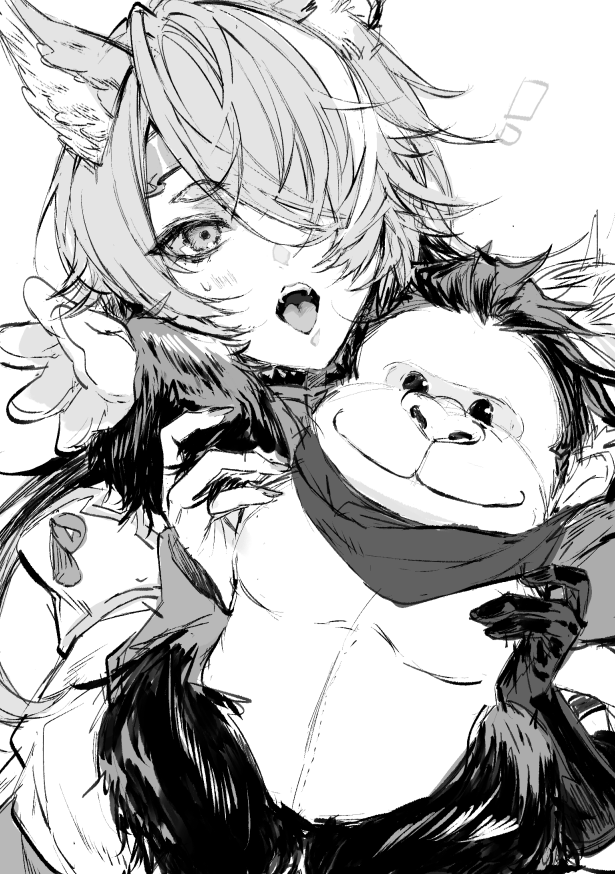 !, 1girl, ami_(granblue_fantasy), asymmetrical_bangs, erune, gorilla, granblue_fantasy, monochrome