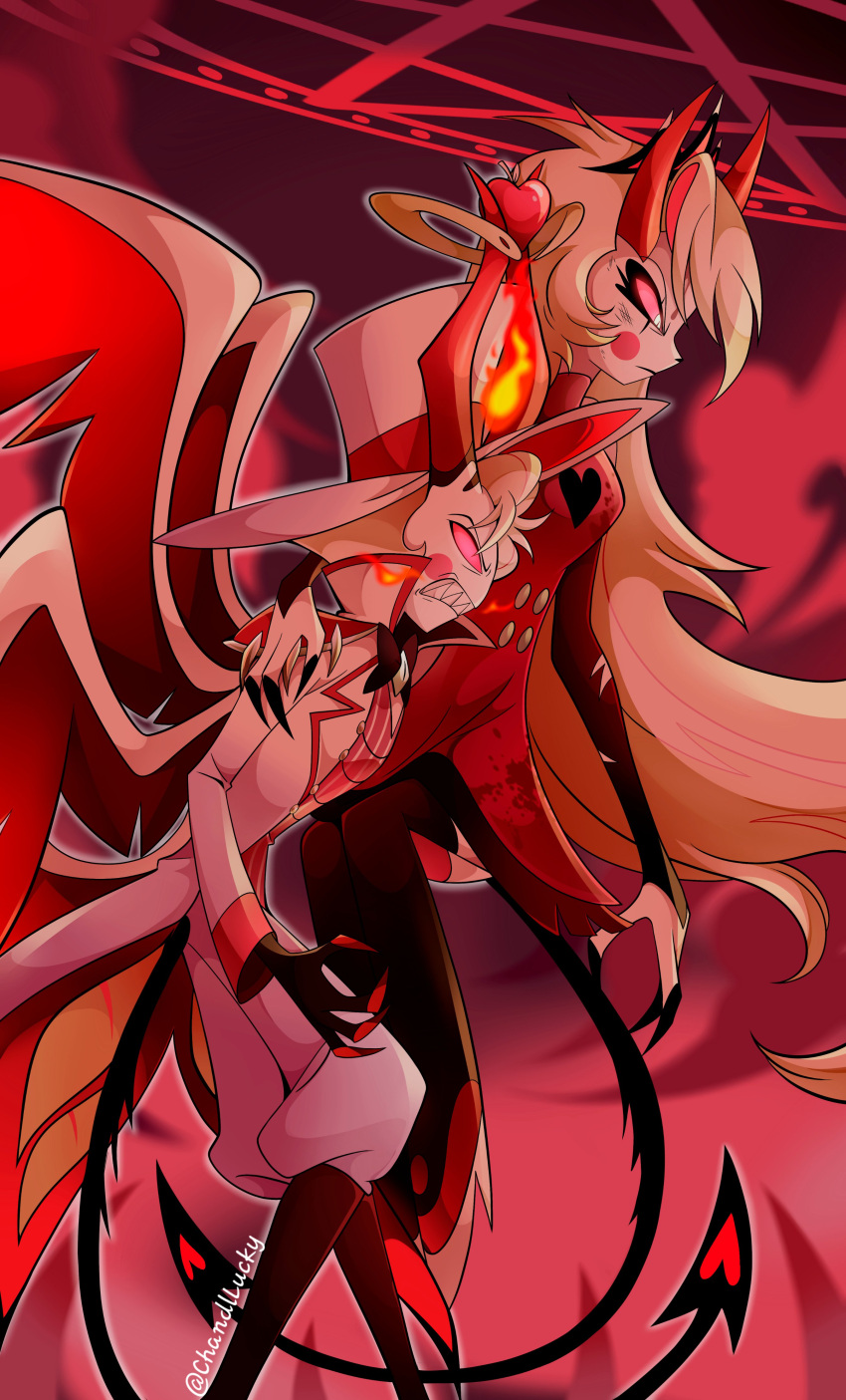1boy, 1girl, absurdres, blonde_hair, chandllucky, charlie_morningstar, demon_boy, demon_girl