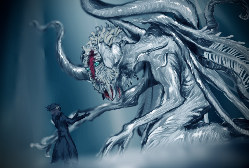 1other, alien, alto_3745, ambiguous_gender, black_gloves, black_jacket, bloodborne, ebrietas_daughter_of_the_cosmos, eldritch_abomination, from_side, gloves, hat, highres, hunter_(bloodborne), jacket, long_sleeves, mask, monster, mouth_mask, skeletal_wings, tentacles, tricorne, wings