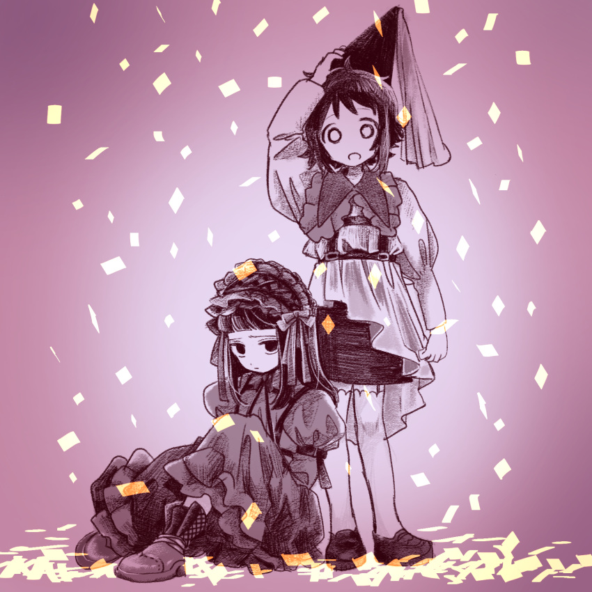 2girls, adjusting_clothes, adjusting_headwear, alternate_costume, bernard-jou_iwaku., boots, chest_harness, closed_mouth