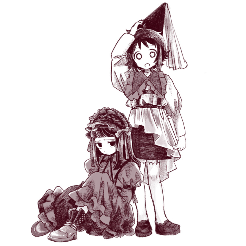 2girls, adjusting_clothes, adjusting_headwear, alternate_costume, bernard-jou_iwaku., boots, chest_harness, closed_mouth
