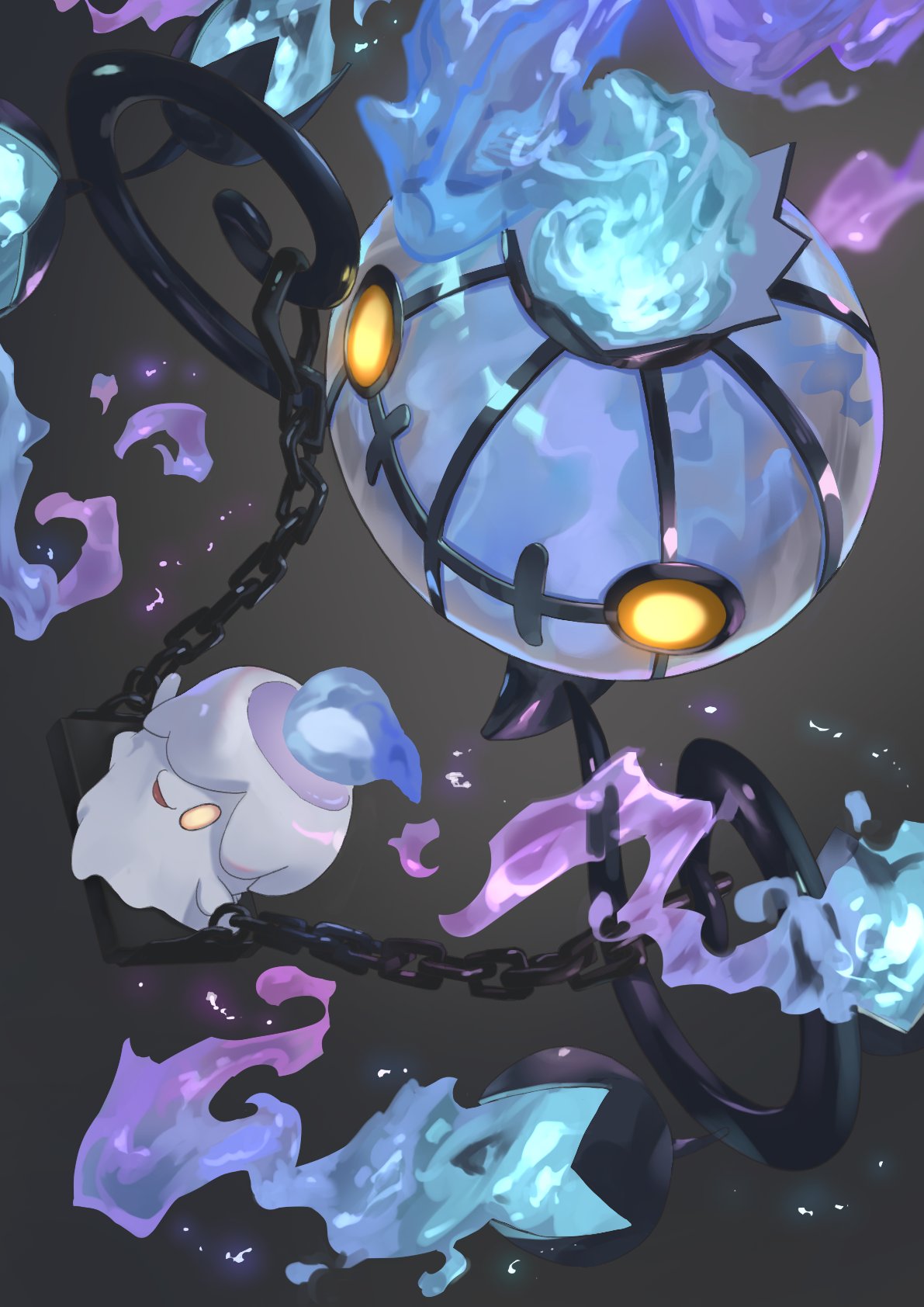 animate_object, candle, chandelier, chandelure, evolutionary_line, fire, from_above, grey_background