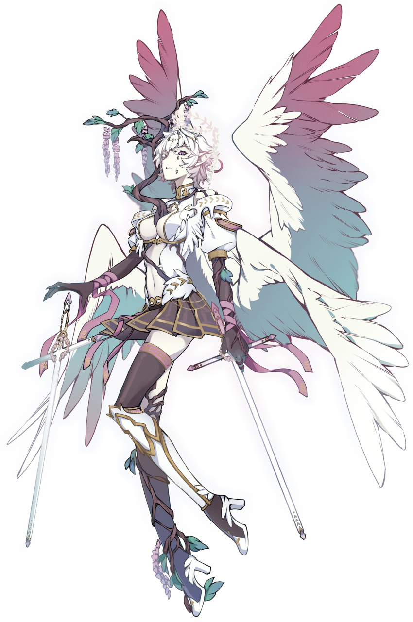 1girl, absurdres, angel, angel_wings, blue_wings, breasts, brown_skirt, commentary_request