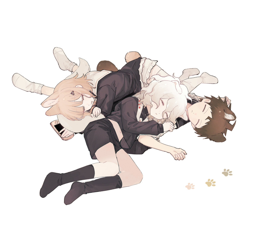 1girl, 2boys, aged_down, ahoge, alternate_costume, animal_ears, black_shirt, black_shorts