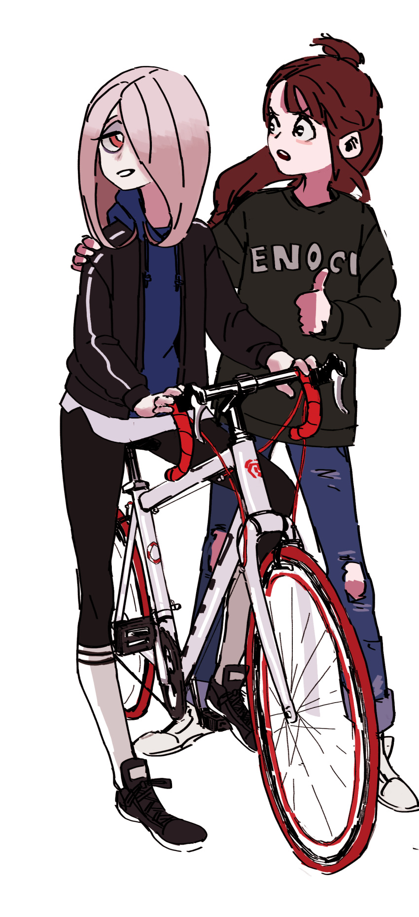 2girls, absurdres, asymmetrical_bangs, bicycle, black_sweater, brown_hair, denim, h_(7503971)