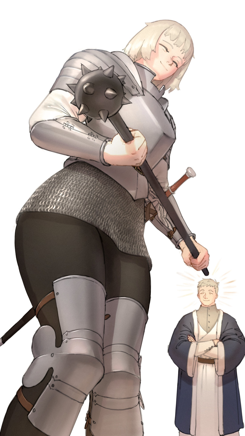 1boy, 1girl, absurdres, armor, black_pants, brother_and_sister, chainmail, closed_eyes, cosplay, costume_switch, crossed_arms, dungeon_meshi, facing_another, facing_viewer, falin_touden, falin_touden_(tallman), highres, holding_mace, laios_touden, mace, pants, robe, sheath, sheathed, short_hair, siblings, simple_background, smile, spiked_mace, spikes, standing, wass_nonnam, weapon, white_background