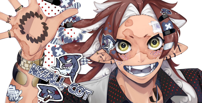 1boy, bandaid, bangle, black_shirt, blue_tongue, bracelet, brown_hair, burn_scar