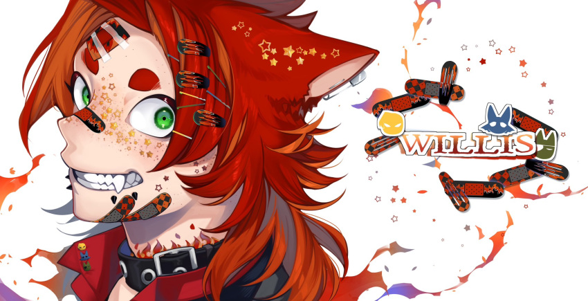1boy, animal_collar, animal_ears, bandaid, bandaid_on_face, bandaid_on_nose, black_collar, character_name