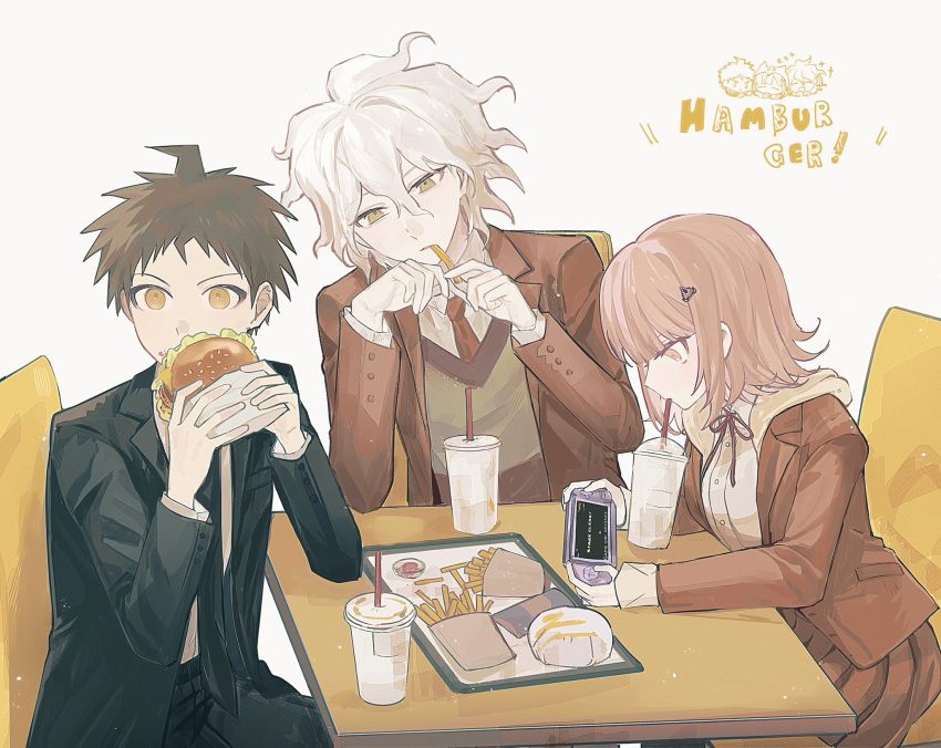 1girl, 2boys, ahoge, black_jacket, black_necktie, black_pants, breasts, brown_eyes