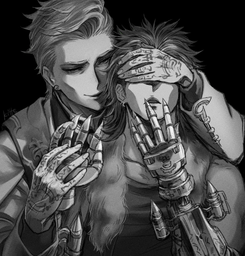 2boys, coat, covering_another's_eye, ear_piercing, ferdinand_(granblue_fantasy), fur_trim, granblue_fantasy, hand_tattoo