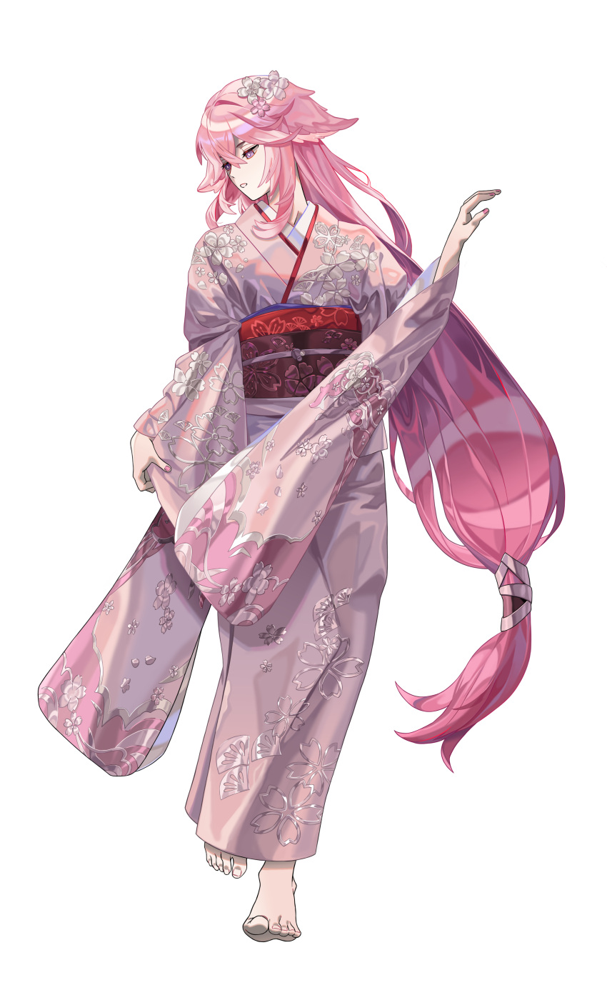 1girl, absurdres, alternate_costume, barefoot, breasts, cherry_blossom_print, commentary_request, droopy_ears