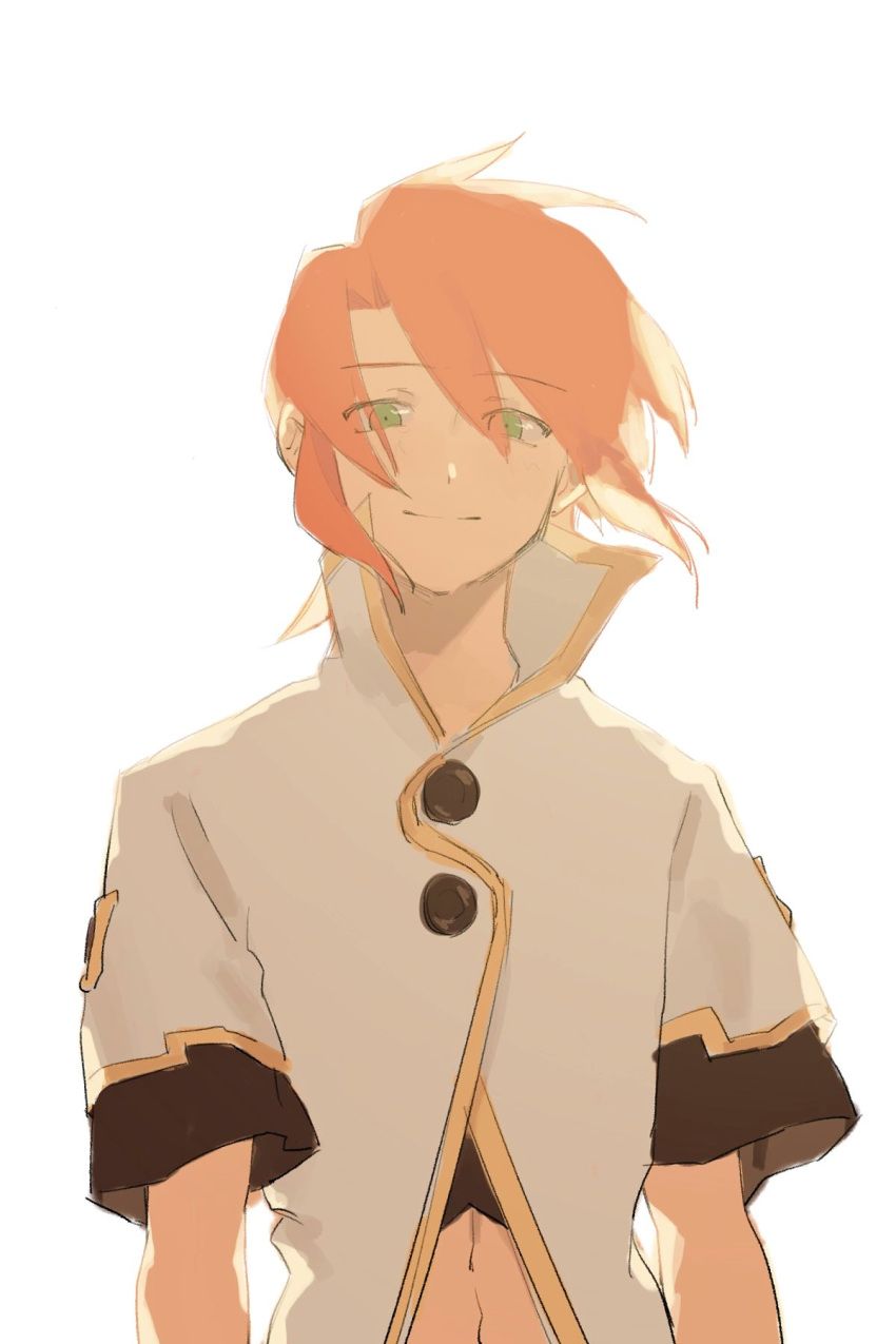 1boy, backlighting, buna-buna-p, closed_mouth, green_eyes, hair_between_eyes, high_collar, highres, light_smile, looking_at_viewer, luke_fon_fabre, male_focus, navel, redhead, short_hair, sketch, solo, tales_of_(series), tales_of_the_abyss, upper_body, white_background