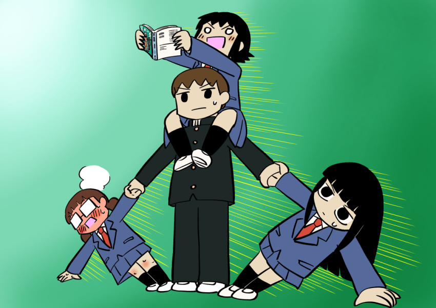1boy, 3girls, a-pose, arm_support, bernard-jou_iwaku., black_eyes, black_hair, black_jacket