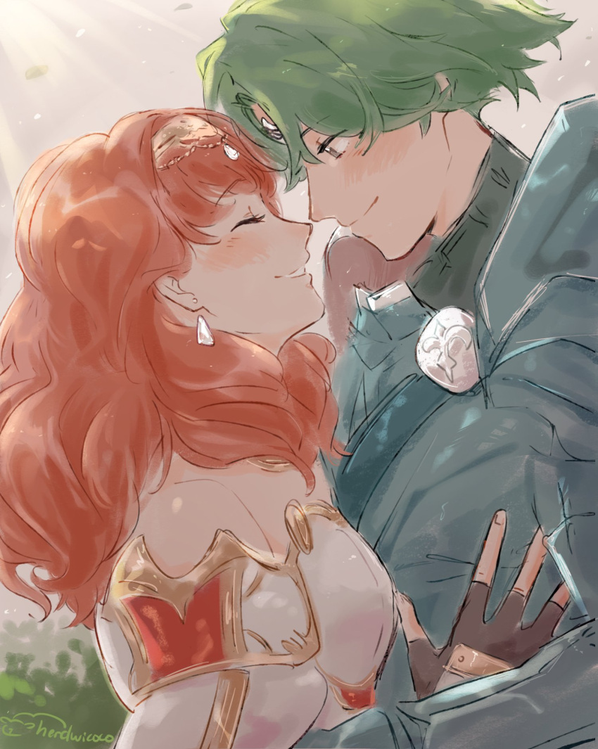 1boy, 1girl, alm_(fire_emblem), arm_guards, armor, blue_armor, cape, celica_(fire_emblem)